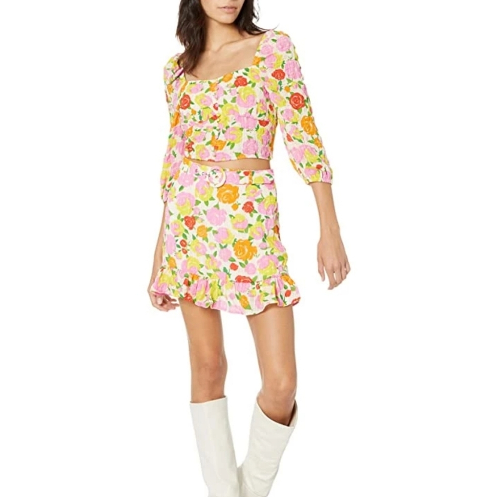 Mango Pink & Yellow Floral Ruffle-Hem matching Skirt set. Size S new with tags
